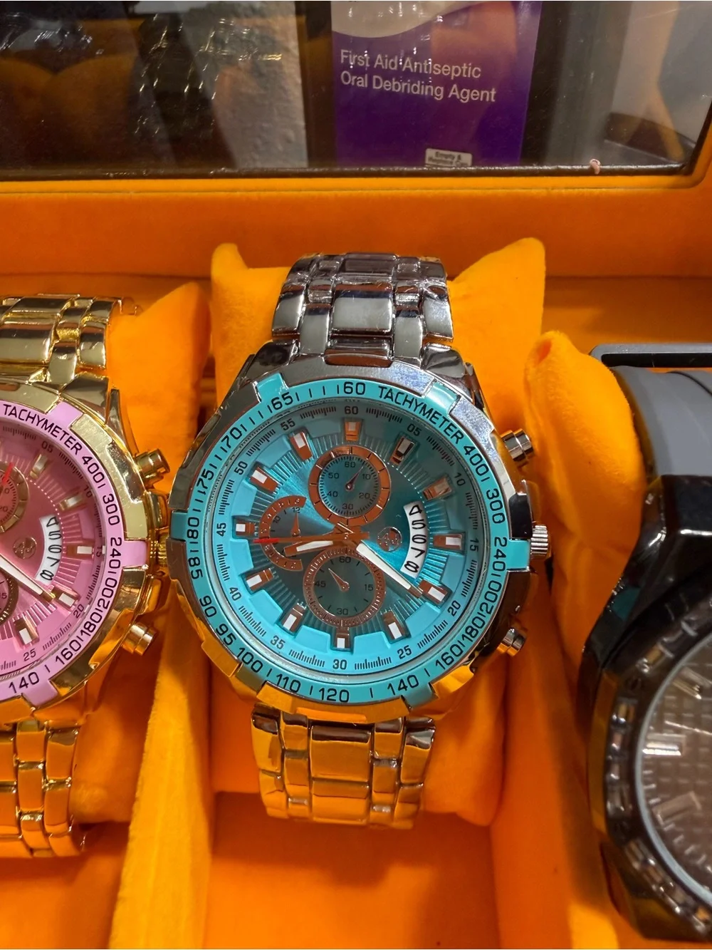 Turquoise Dial Silver-Tone Tachymeter Watch